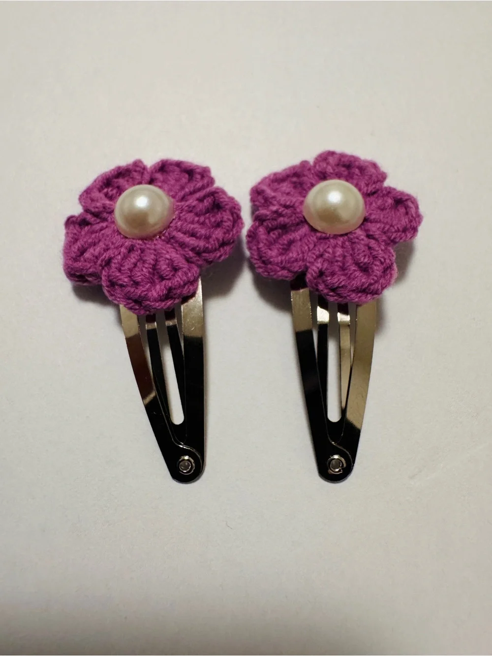 Handmade Purple Flower Hair Clips with Pearl Centers - Picture 3 of 4